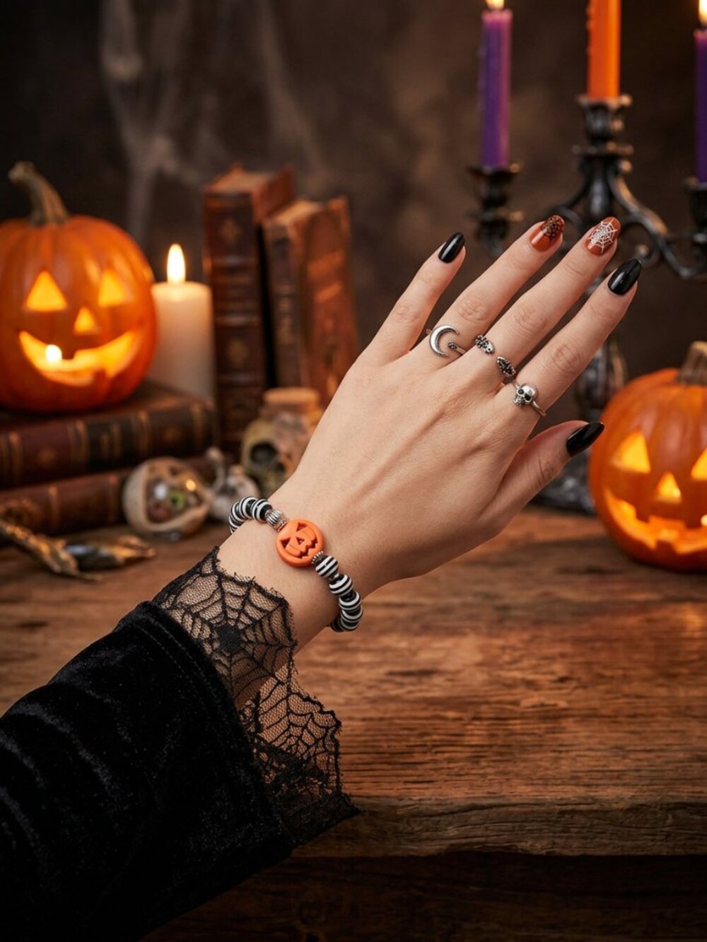 🎃 Spooky Chic Jack-O'-Lantern Beaded Stretch Bracelet by Designs by Forte 🎃